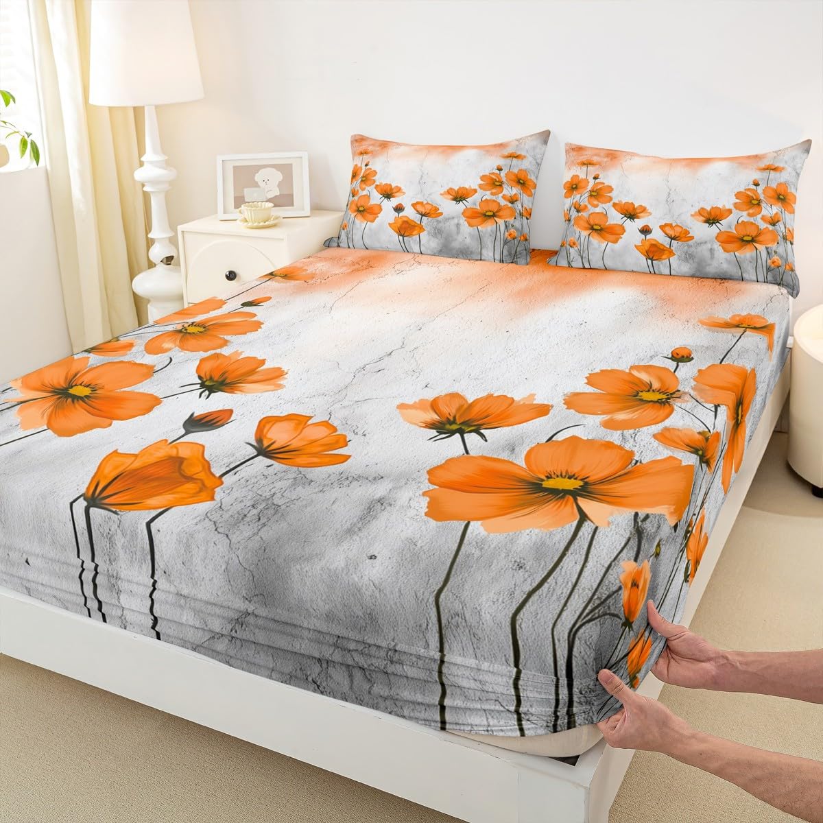 Drap-housse coquelicot et fleurs rustiques pour lit enfant et adulte
