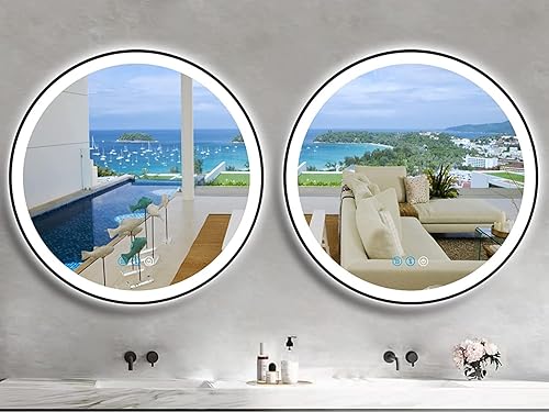 Miniatura 7 de DIDIDADA Espejo de baño LED redondo con marco negro de 32 pulgadas con luces de 32 pulgadas espejo de tocador con luz circular negra para pared de