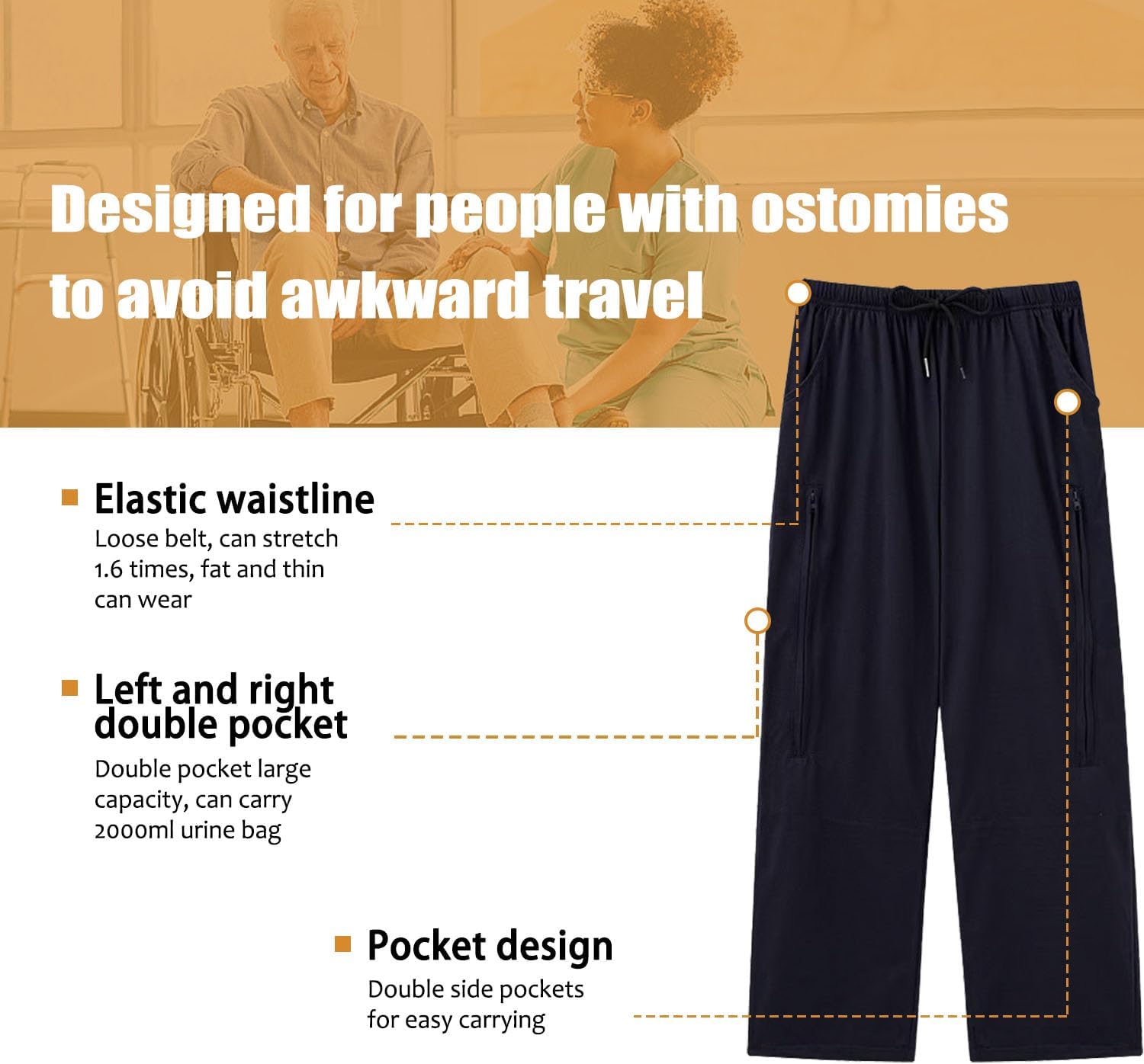 Nephrostomy Bag Pants, Catheter Leg Bag Pants Dual Zip Pockets, Urine Bag Trousers for Foley, Nephrostomy, Ostomy - Image 4