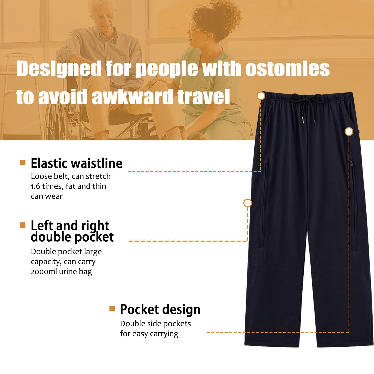 Pantalones de nefrostomía, pantalones de catéter, bolsillos dobles con cremallera, pantalones de bolsa de orina para foley, nefrostomía, ostomía