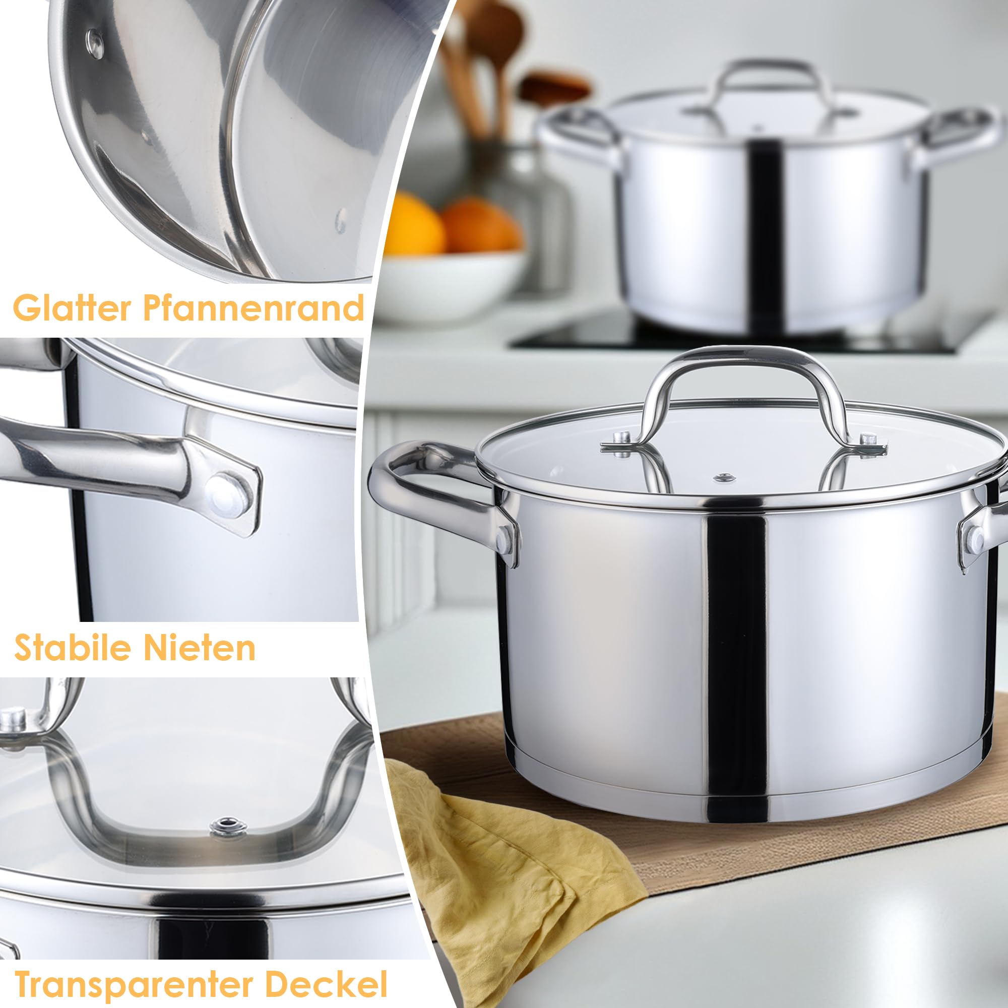 Herogo Pentola da 26 cm, 6,7 l, in acciaio inox, a induzione, con coperchio in vetro, per pasta e carne, per tutti i piani cottura, non verniciata e lavabile in lavastoviglie