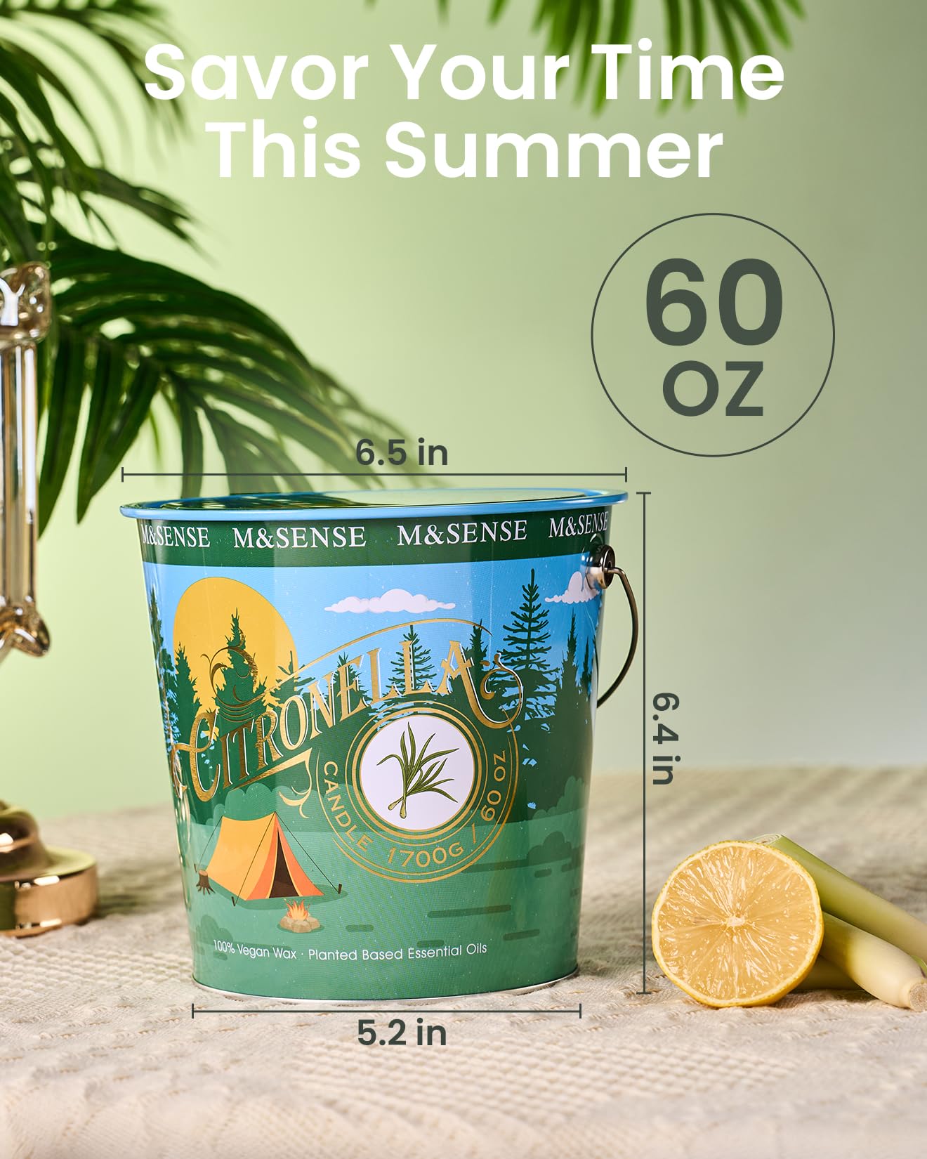 M&SENSE Bougie Parfumée à la Citronnelle Eucalyptus, Extérieure avec Couvercle, Très Taille 1700g, 370 Heures Cire de Soja, Parfum Frais pour Jardin et Accessoire Barbecue, Cadeau Homme Femme