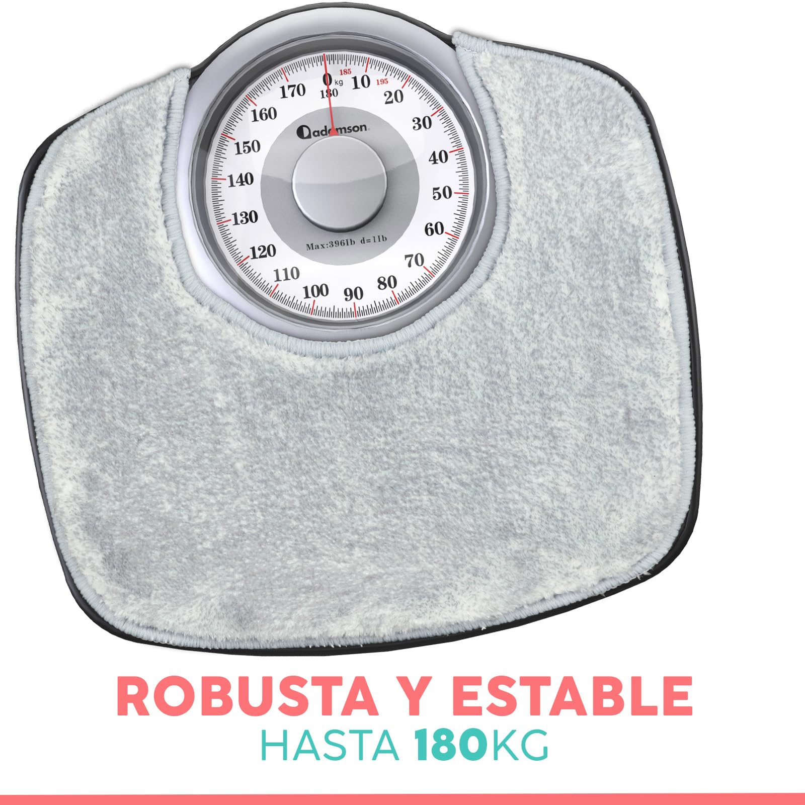 Adamson A25 - Báscula de Baño Analógica - Hasta 180 KG - Números Grandes Y Base Antideslizante - Balanzas Para Baño de Altaprecisión - 20 años de Garantía - Para Casa, Dormitorio- Alfombra gris