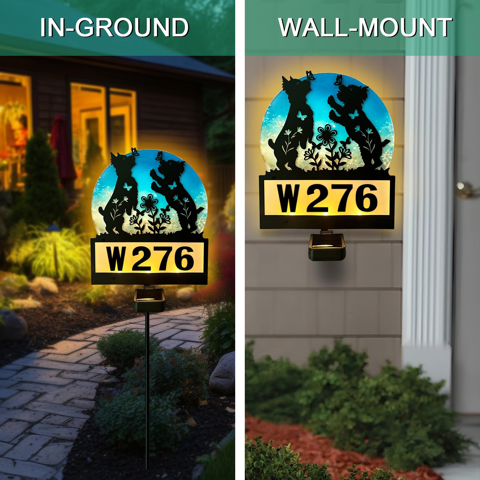 Solar-Hausnummern, Hofschild, solarbetriebene Lichter, Metall, verspielte Yorkie-Hunde-Silhouette, Gartenstecker