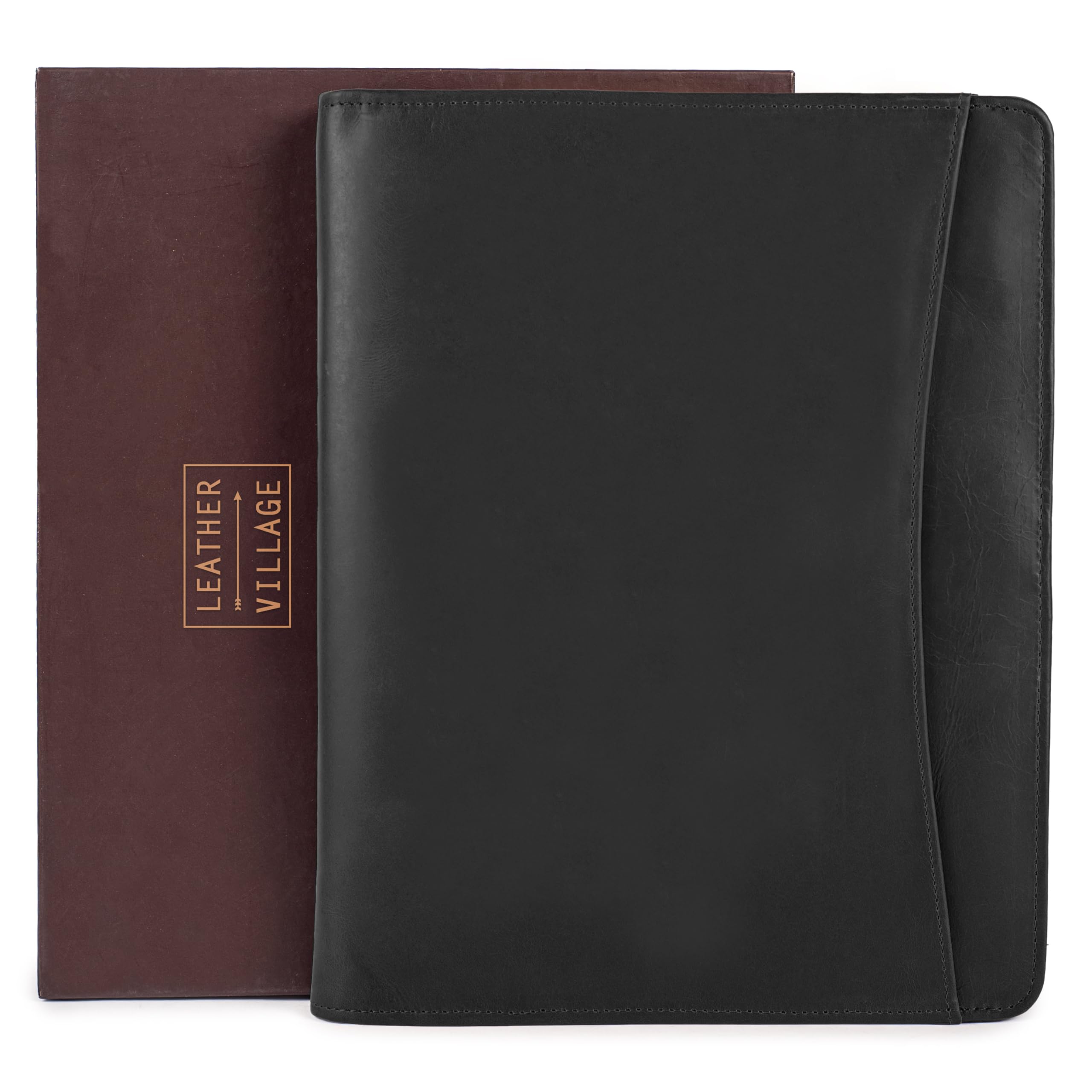 Leather Village Leather Portfolio Organizer - Professional Business Padfolio for Men & Women - Stylish Document Card Holder, Folio for A4/Letter Size Writing Legal Pad, Black