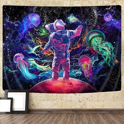 Tapiz de astronauta genial para hombres y hombres tapices coloridos de medusas de neón de neón hippie galaxia universo planeta bohemio para colgar