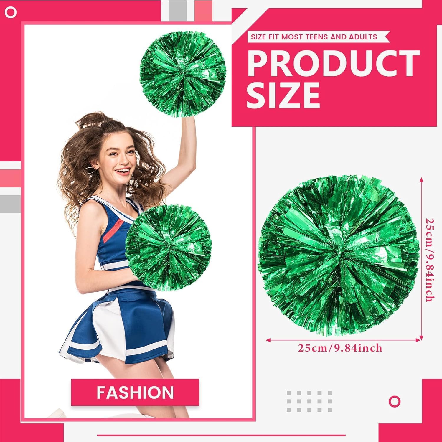 20 PCS Cheerleading Pom Poms, 25cm Cheerleader Pompoms with Baton Handle Cheering Squad Pompoms for School Dance Sports Team Spirit Cheering (Green)