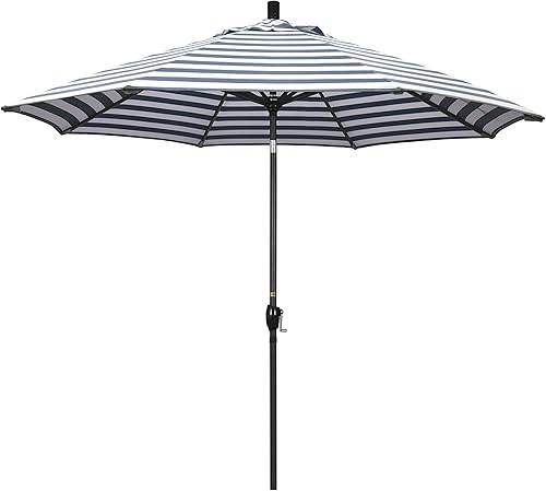 Miniatura 20 de California Umbrella Paraguas redondo de aluminio de 9 pies, manivela elevadora, botón de inclinación, poste negro, olefina azul escarcha