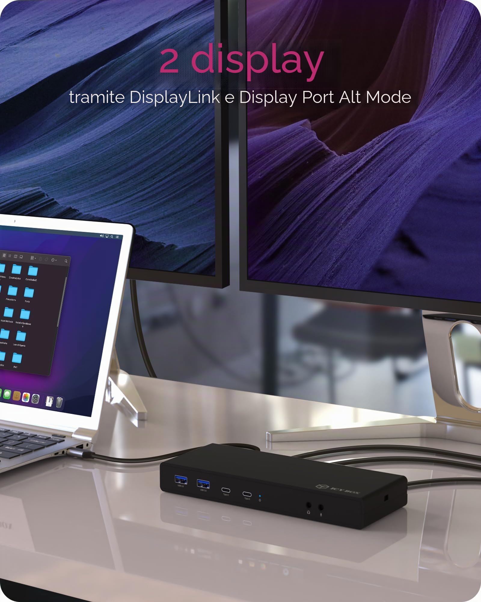 ICY BOX Docking Station USB-C (14-in-1) con 2x HDMI & 2x DP (5K 30Hz | 4K 60Hz), 6x USB 3.0 HUB, Alimentazione 65W, Gigabit Ethernet, DisplayLink, Dock Universale, IB-DK2245AC