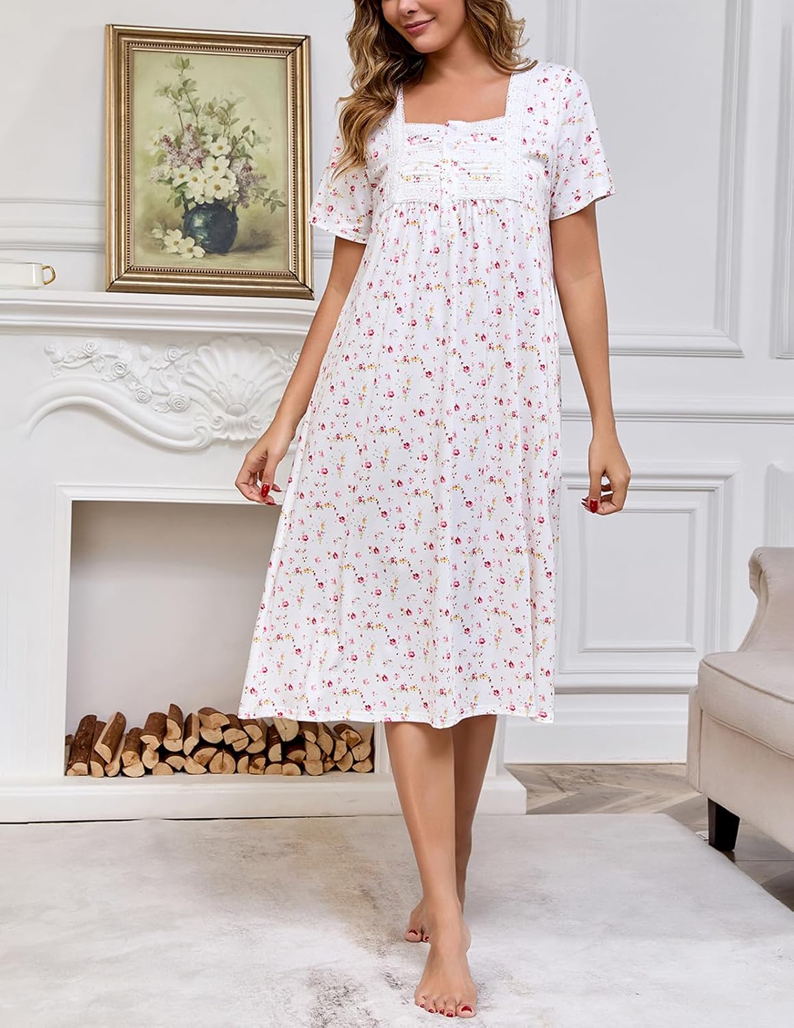 Rubehoow Nightgown Women's Short Sleeve Victorian Nightdress Vintage Soft Cotton Pajama Dress with Pockets