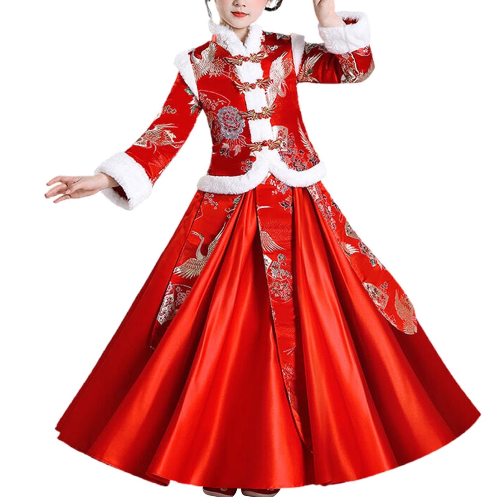 Ragazze 2 pezzi pizzo ricamo gonna abiti cinese tradizionale festival fiore modello abiti bambini bambino polsini in pile pieghe gonne swing compleanno vestiti concorso