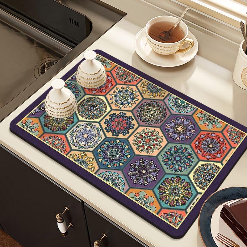 Image of Dish Drying mat for Kitchen Water Absorbent mats for Kitchen Utensils Large Dry mat for Kitchen Utensils Drying mat Water Absorbent mats for Kitchen Large Size 58x38cm (Design 22)