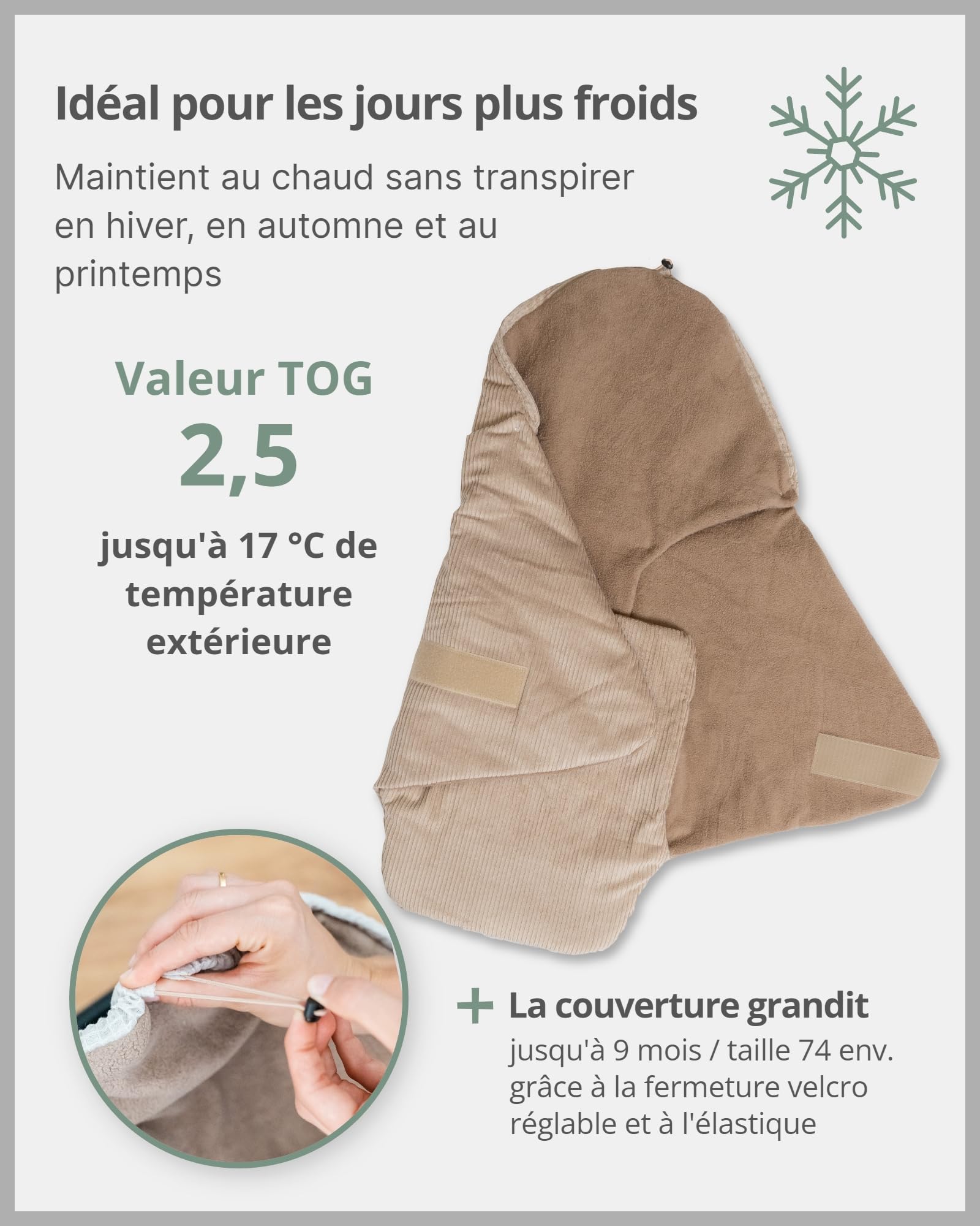ULLENBOOM Couverture Emmaillotage Bébé - Idéal comme Couverture Siège Auto Bébé, Chancelière Universelle pour Poussette, 0-9 Mois, Pour l'automne et l'hiver, Velours Côtelé Sable