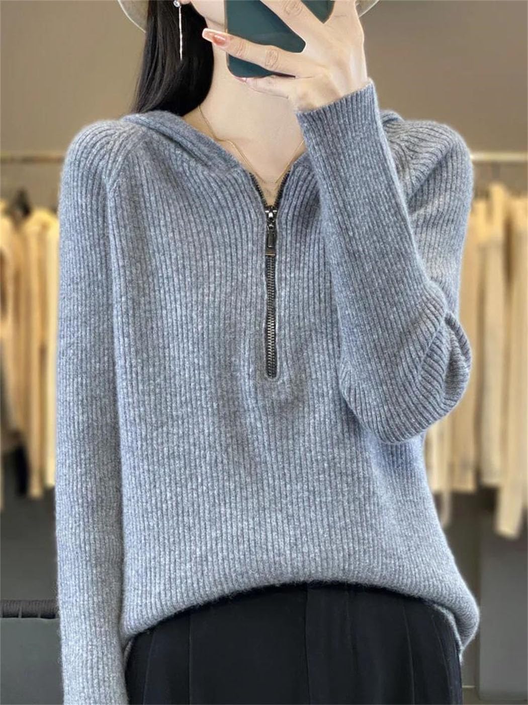 Women's Fall Winter Hooded Pullovers Thick Warm Soft Slim Cashmere Sweater 100% Merino Wool Knit Sweatshirts