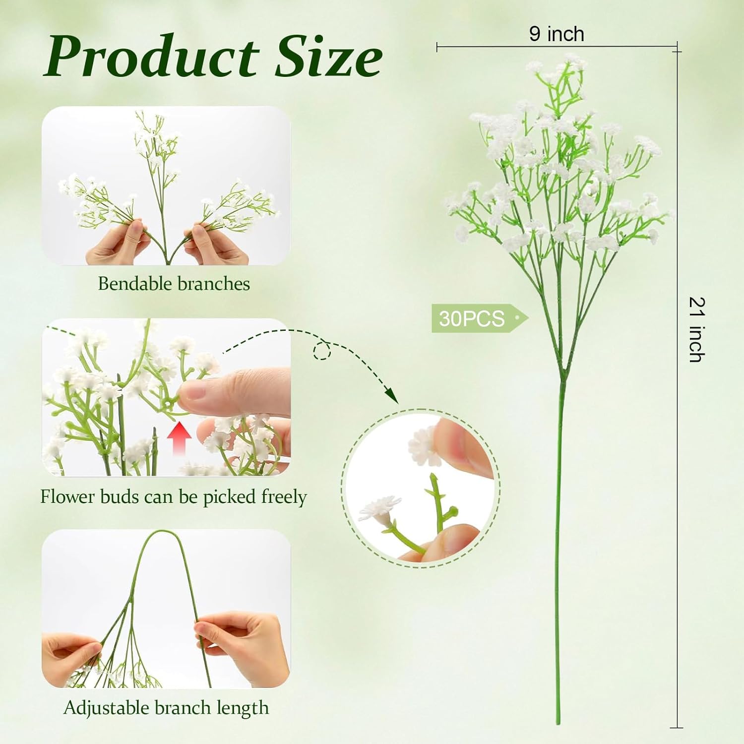 30 Pcs Babys Breath Artificial Flowers, 21" Long Stem Baby Breath Flowers Artificial Bulk, Faux Babies Breath Gypsophila Real Touch White Fake Flowers for Wedding Party Home Garden Decoration