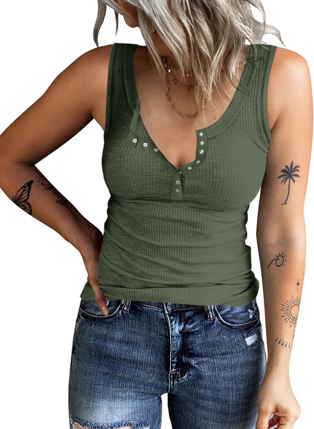 KINLONSAIR Women's Sleeveless Henley Tank Tops Summer Ribbed Button ...
