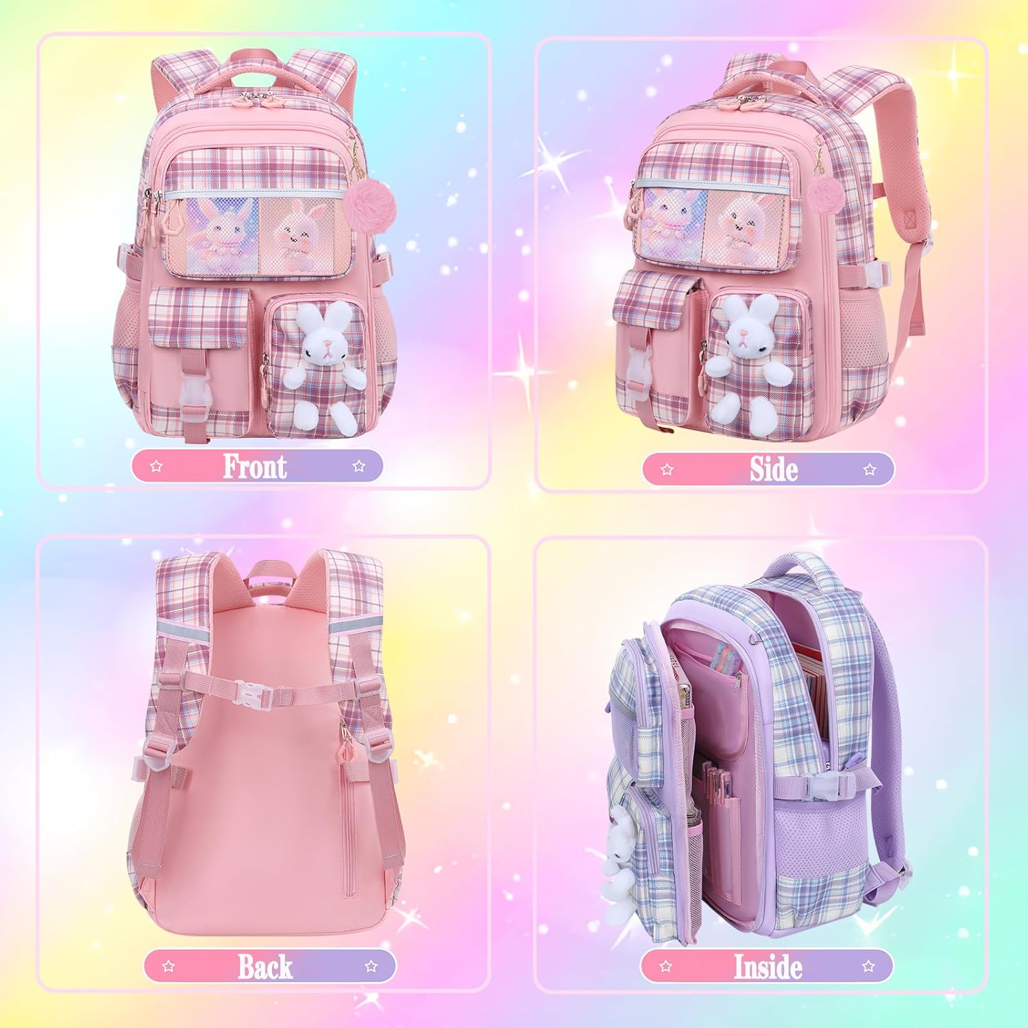 Cute Girls Backpack,Rabbit Kids School Backpack with Pencil Case, Elementary School Bag for Girls 5-10 Year Old (Pink-16.5inch) - Image 5