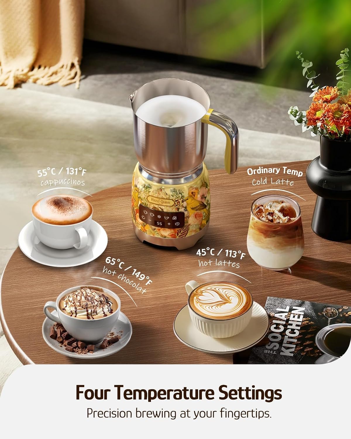 Hazel Quinn Electric Milk Frother & Steamer, 5-in-1 Hot Cold, Detachable
