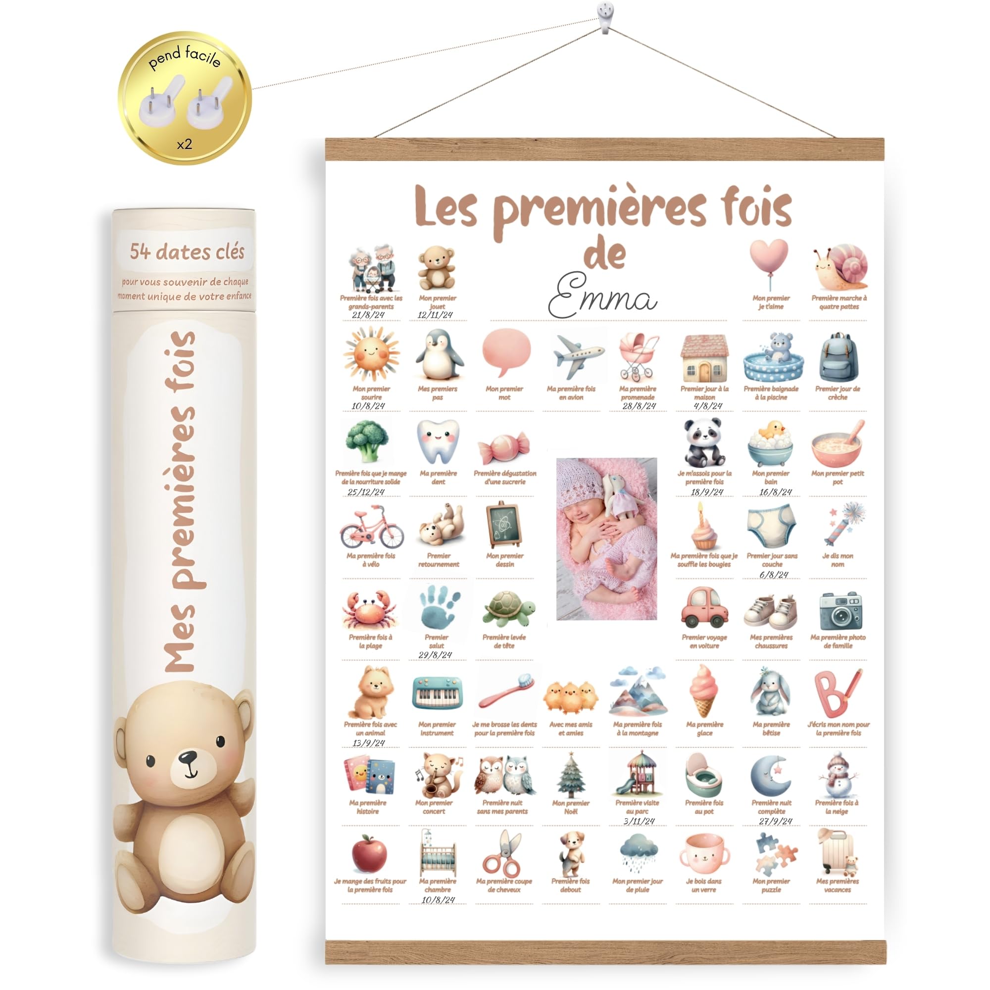 HuBorns - Affiche Mes Premieres Fois Bebe pour Rappeler des Étapes Importantes, Tableau Mes Premières Fois Bébé à Personnaliser, Inclus Bandes Bois pour Accrocher, Parfait comme Cadeau Bebe Naissance