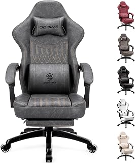 Dowinx Gaming Stuhl mit Frühling Kissen,Racing Gamer Stuhl mit Lendenwirbelstütze, Ergonomischer Gaming Sessel mit Fußstütze Bürostuhl PU Leder Grau