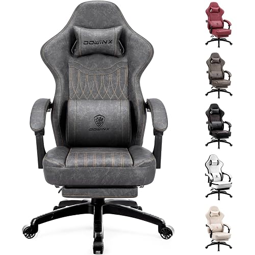 Dowinx Gaming Chair Breathable PU Leather Gamer Chair with Footrest Massage Lumbar Support, Big and Tall Ergonomic Reclining Computer Chair with Pocket Spring Cushion for Adults Teens (Grey)