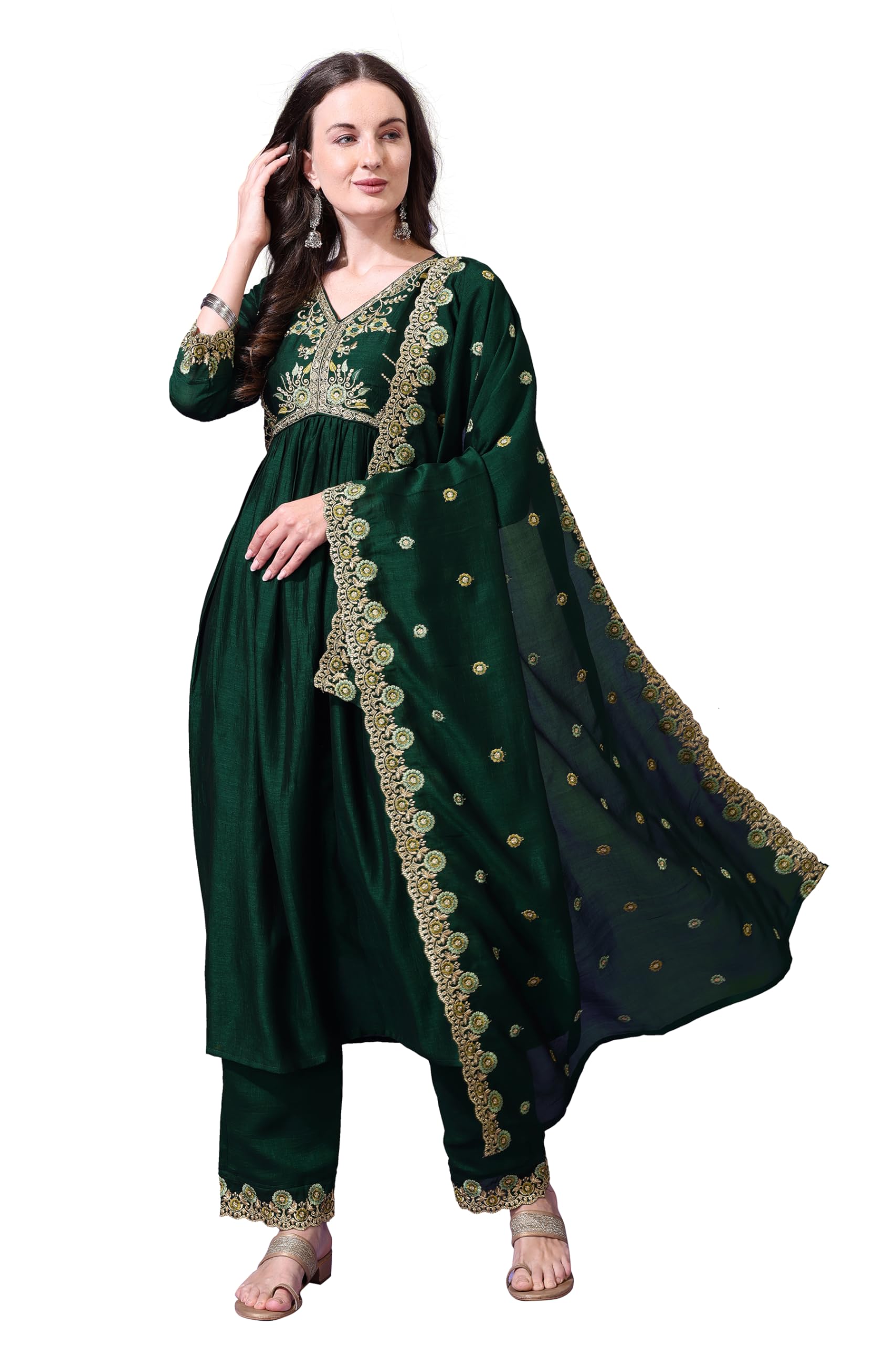 Pratham Blue Women's Silk Embroidered Regular Kurta Sets (Bkp-1016-Xxl_Green