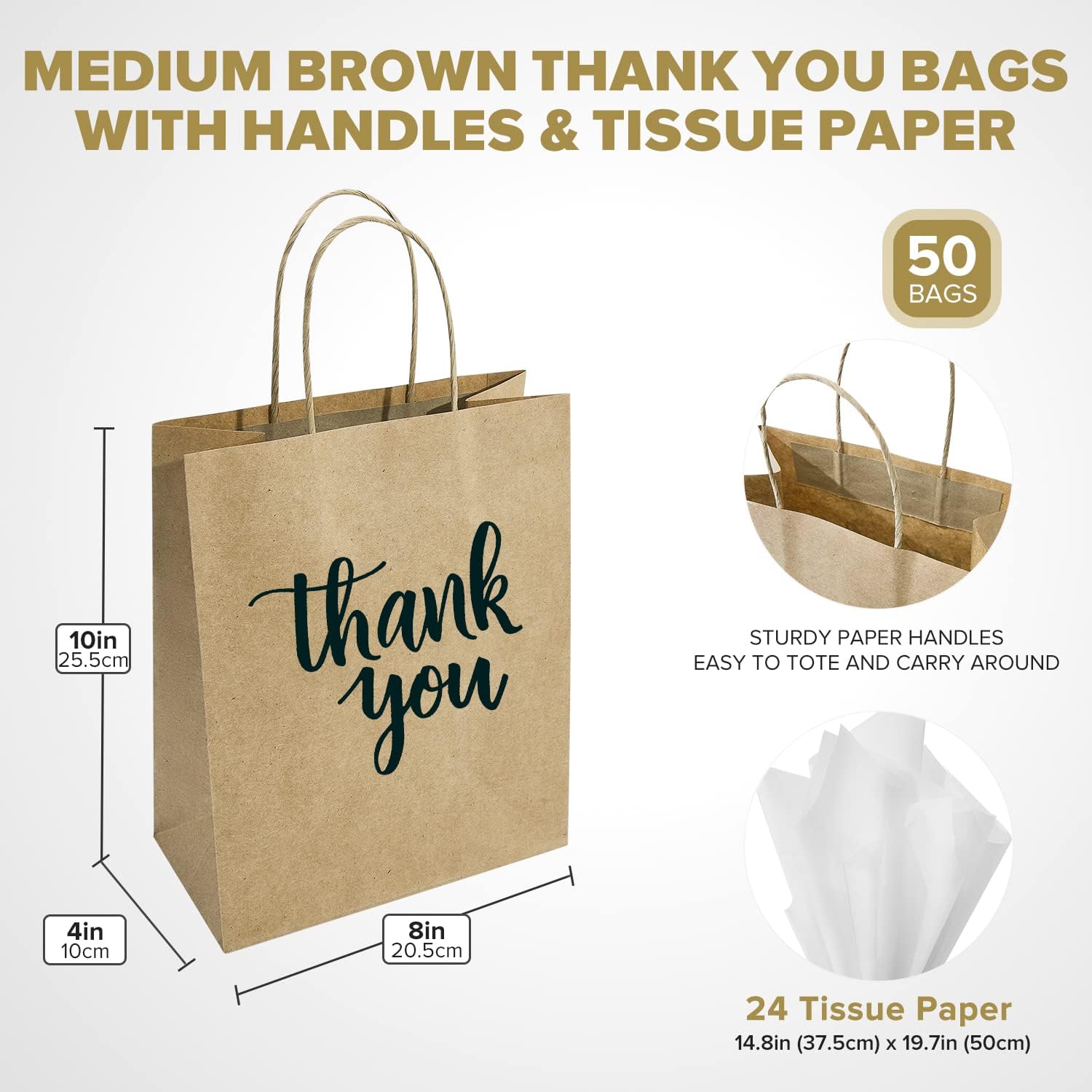 50 Pack Medium Thank You Gift Bags with Handles 10x8x4 Inch, Brown Kraft Paper Bags with White Tissue Paper for Small Business, Boutique, Shopping, Wedding, Baby Shower, Birthday Party Favors Goodies
