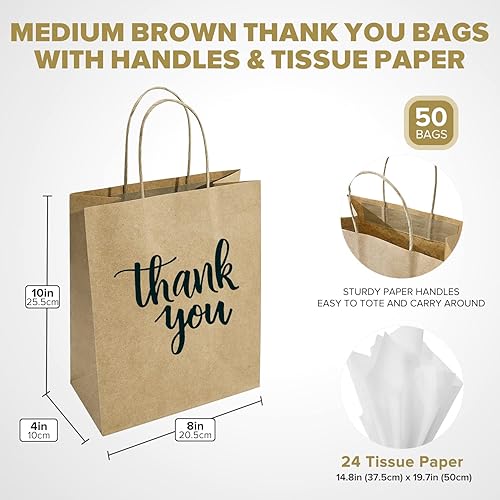 Miniatura 3 de DjinnGlory Paquete de 50 bolsas de papel kraft marrón medio con asas y 24 hojas de papel de seda para pequeñas empresas, compras, bodas, baby