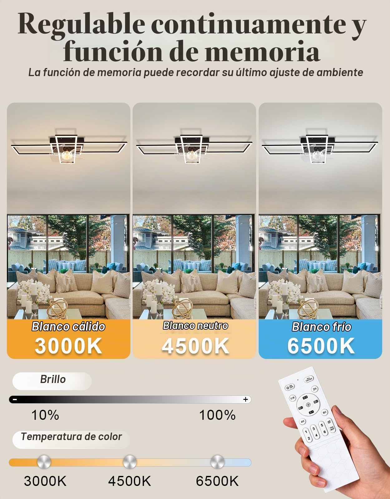 Homefire Lámpara de techo moderna con ventilador de 94cm - Ventilador de | techo con luz, 6 velocidades, LED, regulable, con mando a distancia y temporizador para salón, comedor y dormitorio