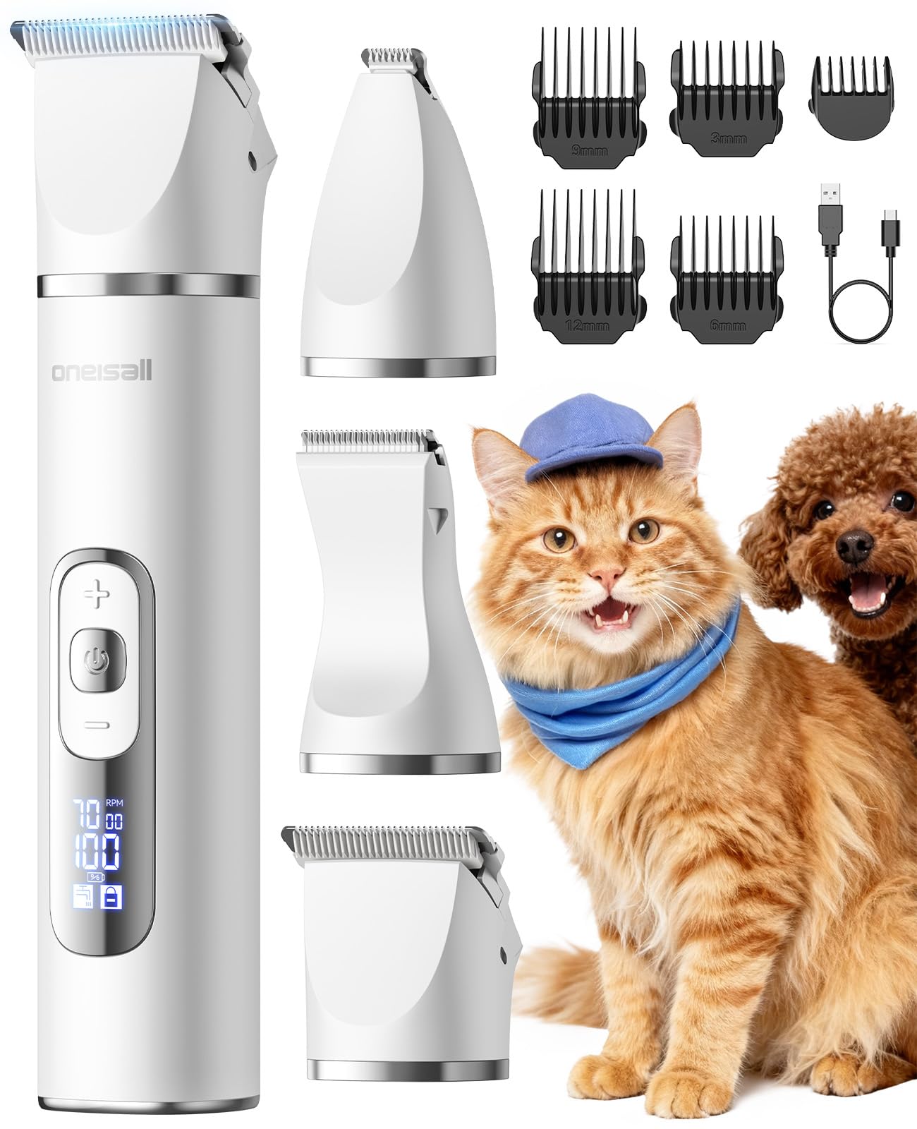 oneisall Tosatrice 3 in 1 per cani e gatti, silenziosa per cani, display LCD, tagliazampe e peli per cani, zampe, occhi, orecchie, viso