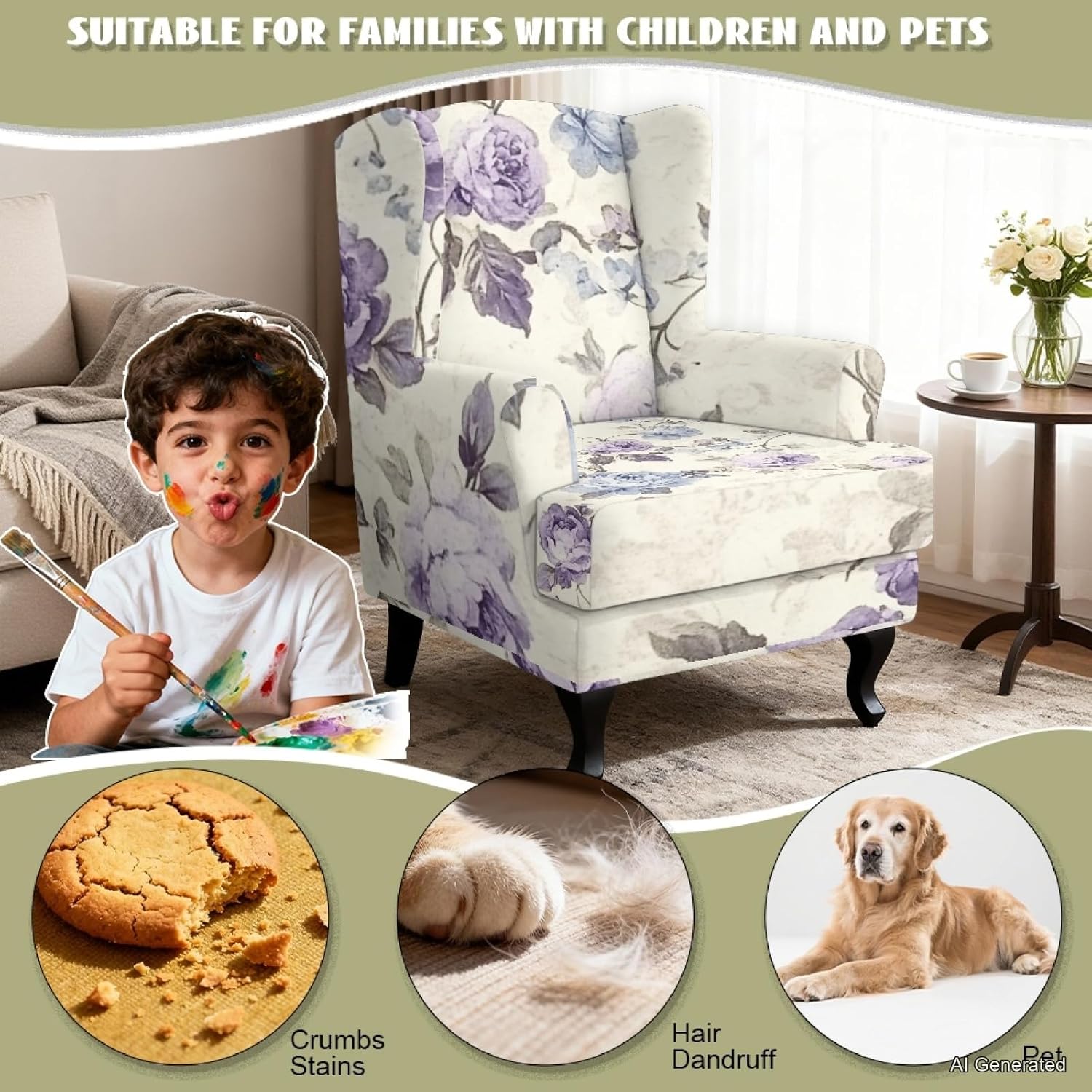 Retro Purple Floral Wingback Chair Cover 2 Piece Wing Backed Sofa Slipcover with Elastic Bottom Living Room Couch Slipcover for Armchair Easy to Install