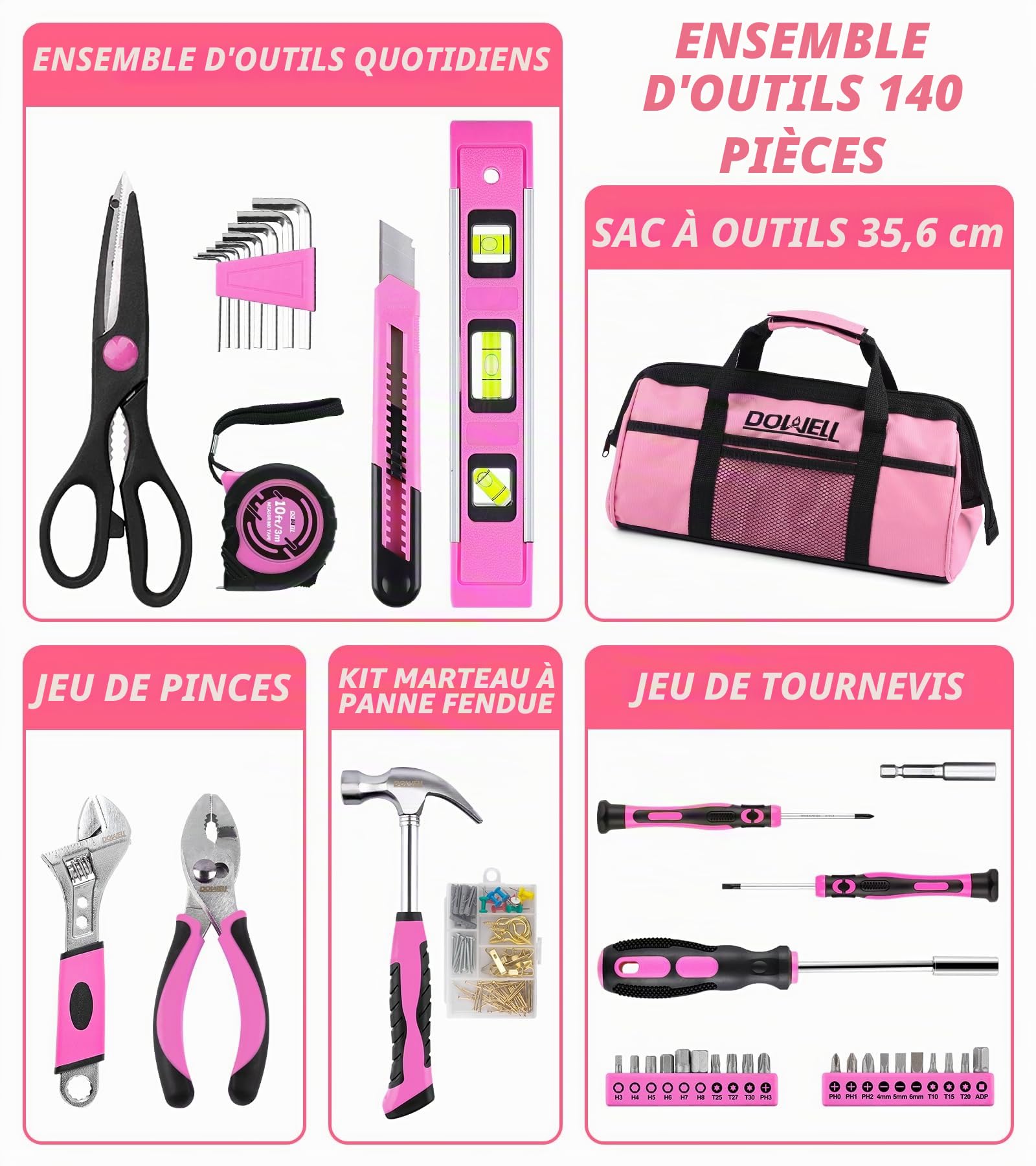 DOWELL Ensemble d'outils rose 140 pièces pour femmes, filles, dames, Set d'outils ménagers avec sac de transport de 35,6 cm