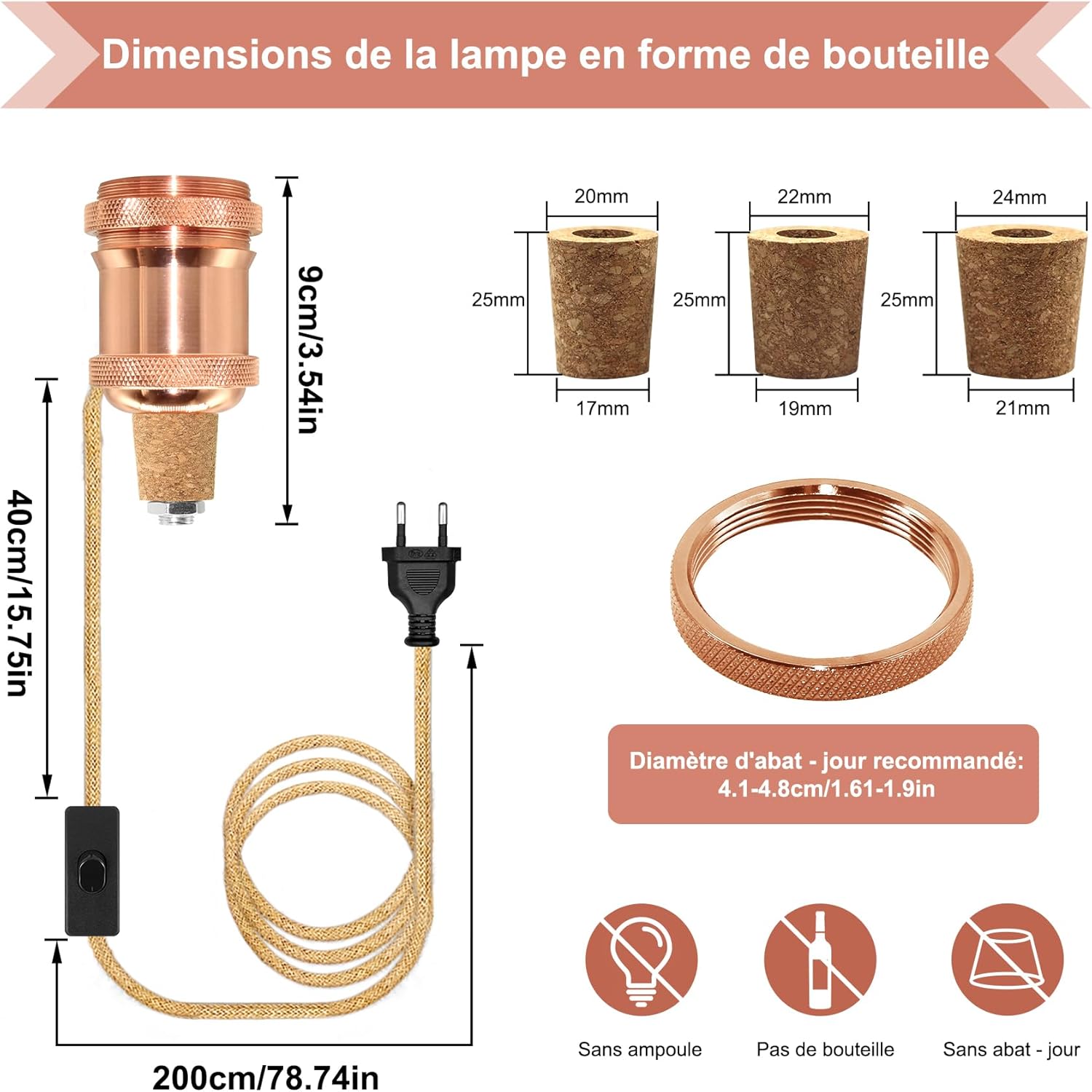 Bottle Lamp Kit, E27 Bulb Holder, Bottle Socket, E27 Socket with Cable and Switch (Rose Gold Lamp Kit 2PC)