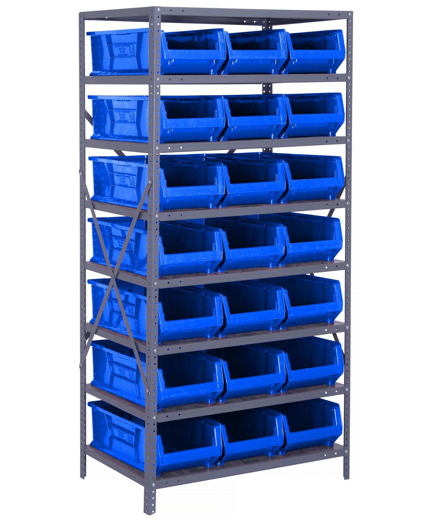 Quantum Storage Systems 2475-952BL Solid Heavy Duty 8 Shelves 21 HULK Blue Bins 75" H x 36" W x 24" D