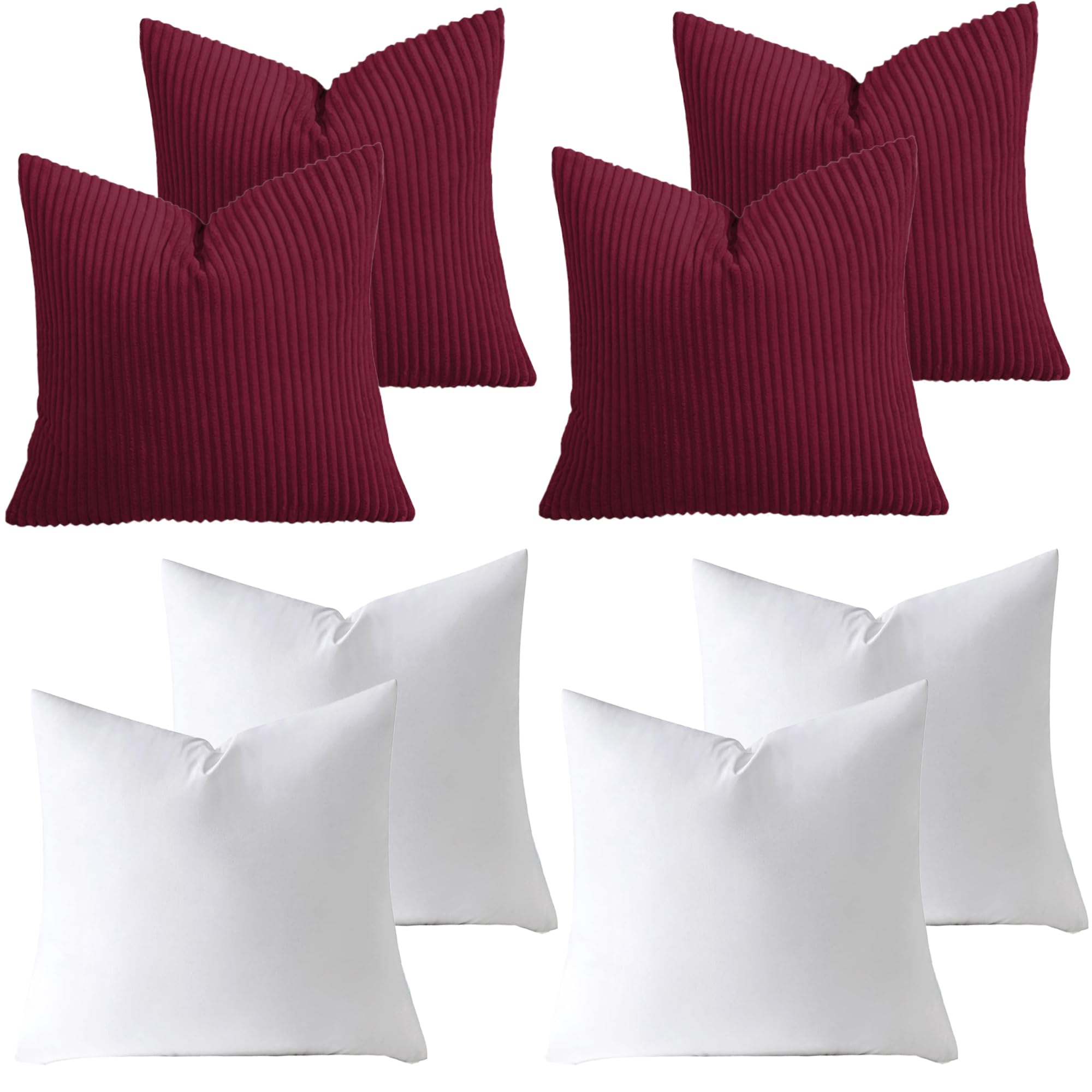 AMEHA Stripe Burgundy Cushions with Covers included 45 x 45 cm Pack of 4 (4 Covers, 4 Inserts) Decorative Square Throw Pillowcases for Couch Bedroom Sofa with Invisible Zipper 18x18 inches