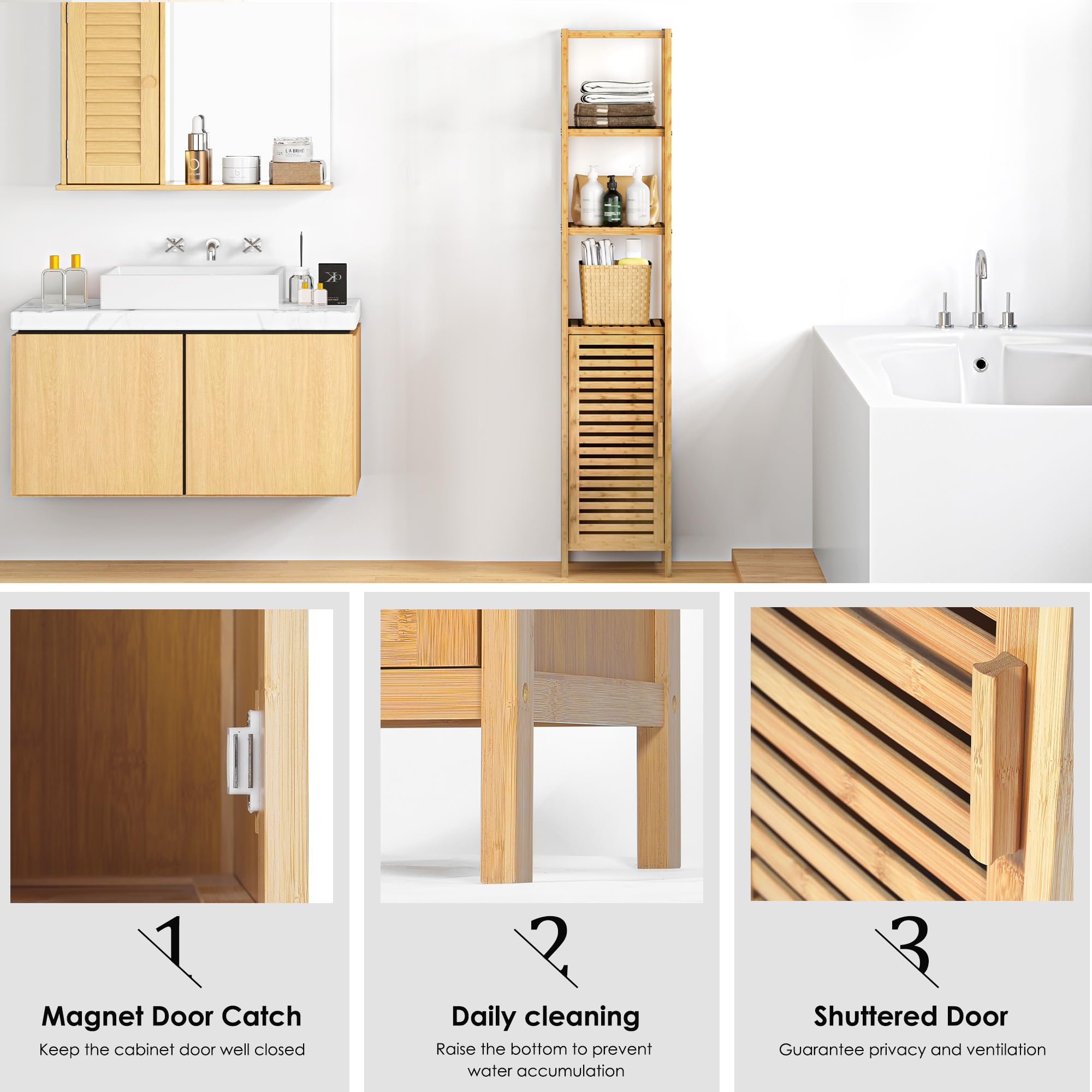 Armadio Laterale In Bamb&ugrave; - 36x33x85 Cm, Per Bagno, Cucina O Soggiorno, Stile Naturale