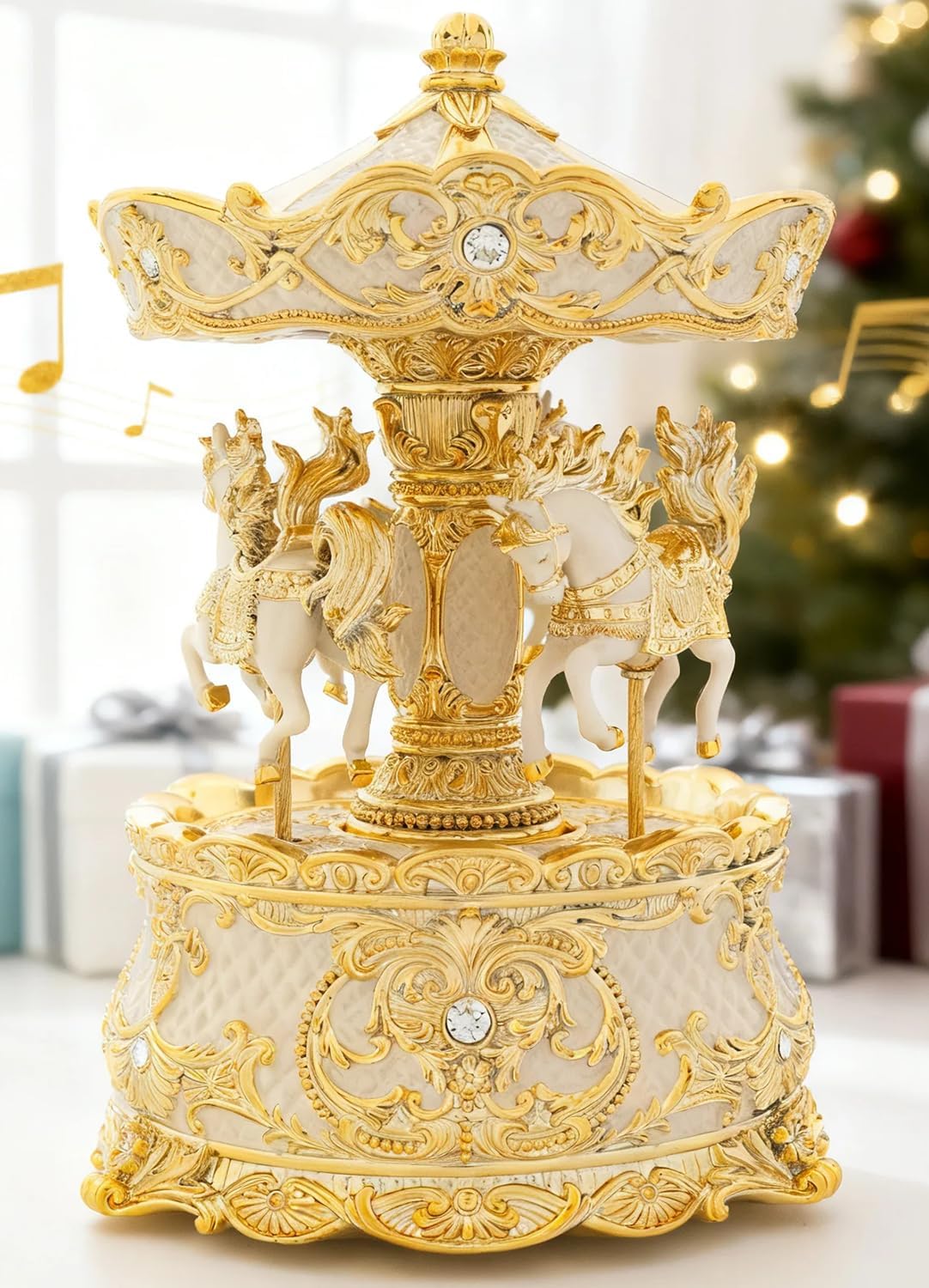 Golden Ivory Carousel Horse Music Box - Wind Up Rotate Christmas Music Box Ornament for Home Table Decor, Valentines Day Snow Globes Christmas Decorations Gifts for Couples Women Men Kids Family