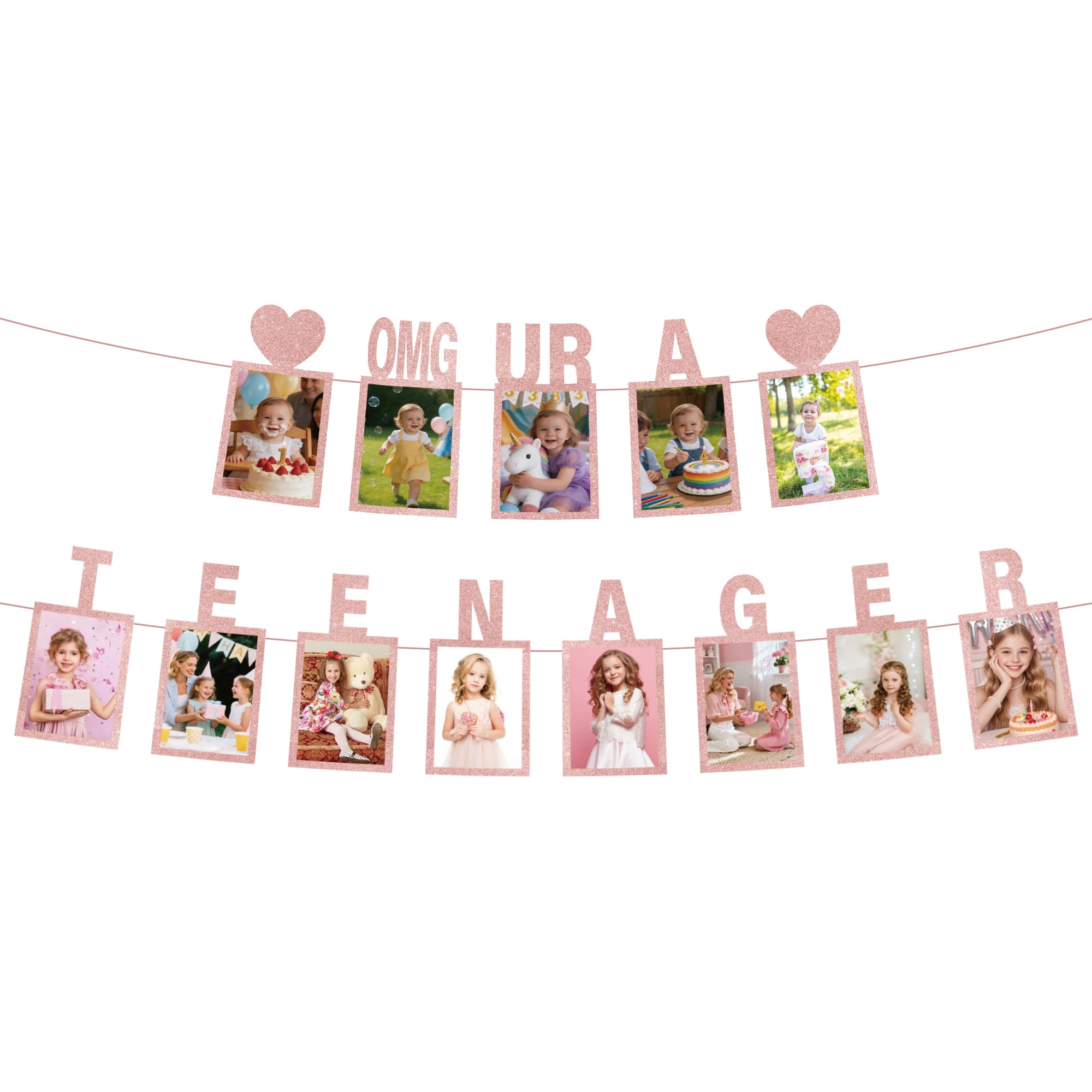 13th Birthday Photo Banner Girls - 1 Pcs Black Glitter Omg Ur A Teenager Banner with Photo Slots Heart Decorations Birthday Set for 13 Year Old Girls Teen Party Background Decor Supplies