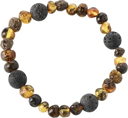 TheNaturalAmber Amber Bracelet Green Baroque Baltic Amber & Lava Stone Beads Bracelet for Adults 18cm, Handmade Elastic Healing Jewelry