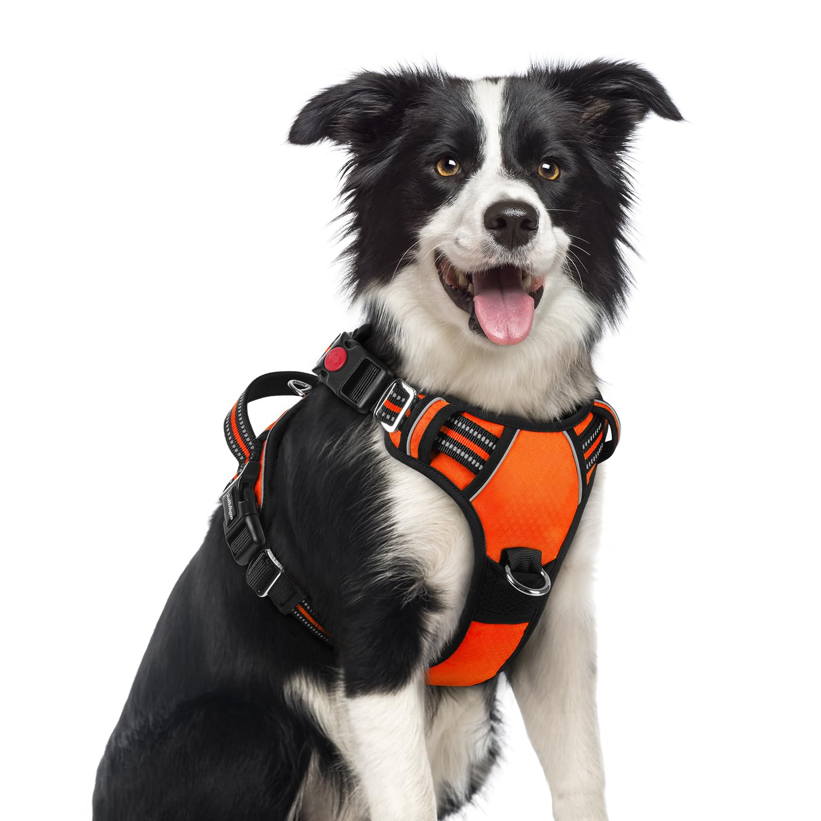 rabbitgoo Arnés para perro, tamaño mediano, sin tirones, con 3 hebillas, arnés acolchado suave ajustable para mascotas, con asa de fácil control y tiras reflectantes, naranja, M