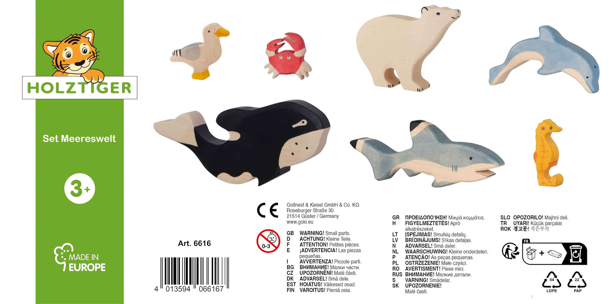 Holztiger 6616 Zestaw 7 figurek do zabawy z drewna, rekin, delfin, orka, wieloryb morski, krab, mewa i niedźwiedź polarny, ręcznie malowane zabawki dla dzieci, Made in Europe