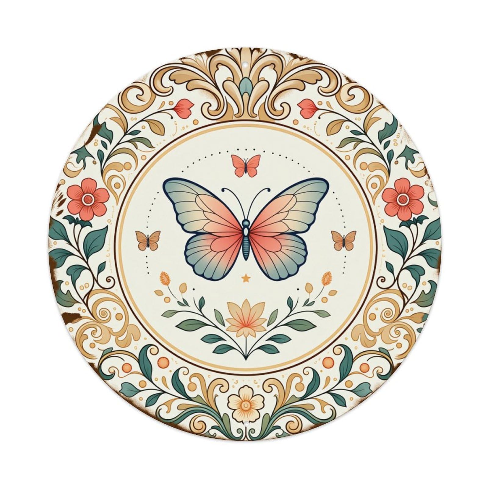 Butterfly Floral Ornate Circular Design Round Tin Sign Vintage Metal Poster, Home Bar Garage Man Cave Cafe Indoor & Outdoor Wall Decoration 8x8Inches