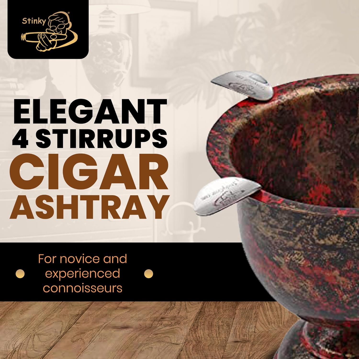 Stinky Cigar Tall Cigar Ashtray with 4 Stirrups for Indoor & Outdoor Use | Windproof Design with 4.25 inch Deep Bowl for Cigars, Perfect Cigar Accessory for Aficionados & Home Decor - Gold And Black