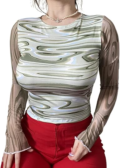 Women Sheer Mesh Crop Top Long Sleeve 