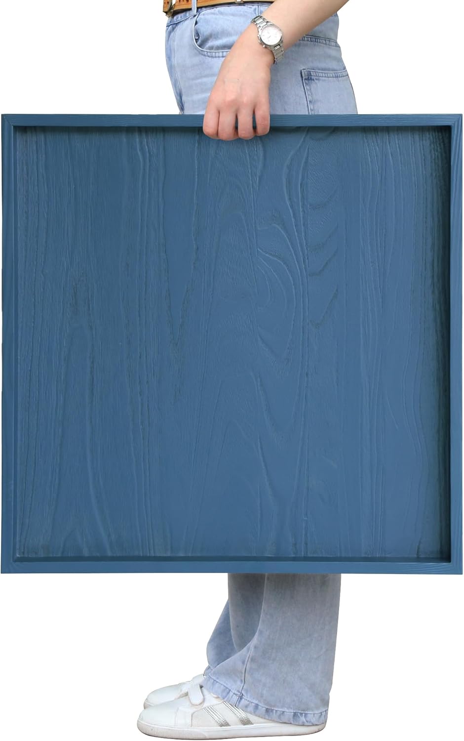 Square Ottoman Table Tray 24" - Rustic Wooden Serving Tray for Farmhouse Decorative Oversized Coffee Table Trays Living Room Kitchen Counter Breakfast Blue Blue Square-24"