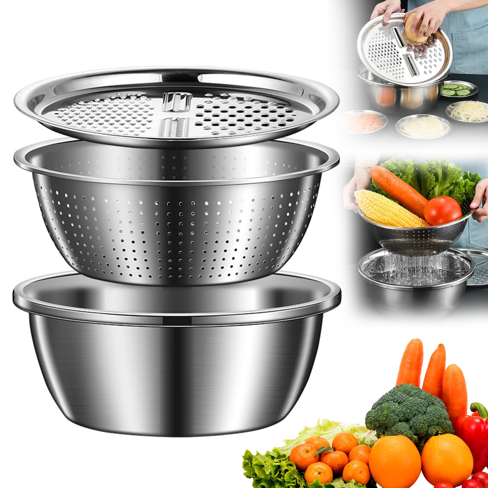 GERMANY Multifunktionales Edelstahlbecken, 3 in 1 Multifunktionales Edelstahlbecken Sieb Set, Küchenreibe Set, Sieb und Abflusskorb für Gemüse 26.0 cm