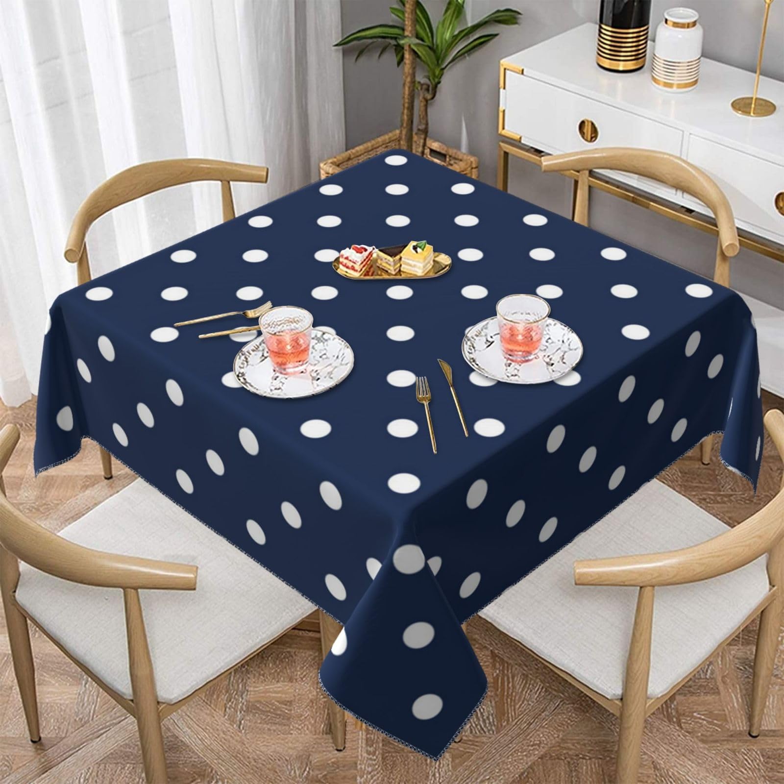 BYwenhopnbs Print White Polka Dots Navy BlueSquare Dust-Proof Table Cover Waterproof Tablecloth 55x55Inch