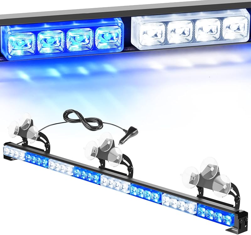 Barra de luz estroboscópica de emergencia Nilight LED de 35 pulgadas, color azul y blanco | 32 LED, 21 patrones de destello, luz de advertencia direccional con enchufe para encendedor de cigarrillos para camiones de construcción y vehículos de servicio