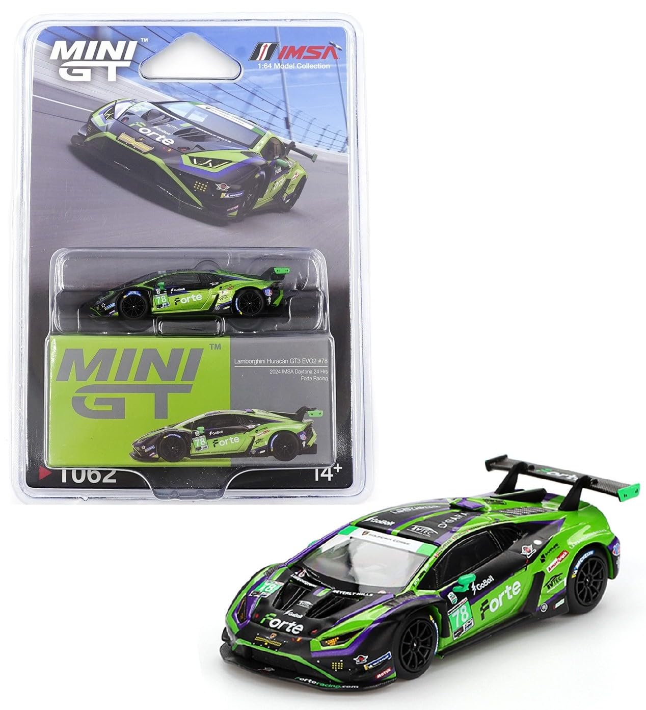 Diecast Model Car Compatible with Mini GT 1:64 Lamborghini Huracán GT3 EVO2#78 Forte Racing 2024 IMSA Daytona 24 Hrs Limited Edition MGT01062