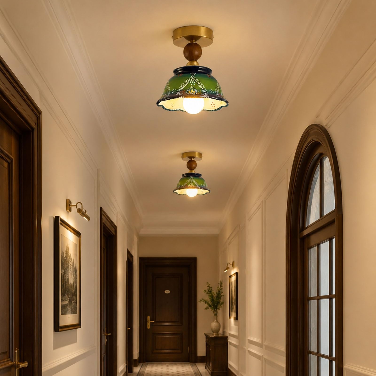 Zielona ceramiczna lampa sufitowa, zabytkowa oprawa sufitowa do montażu podtynkowego